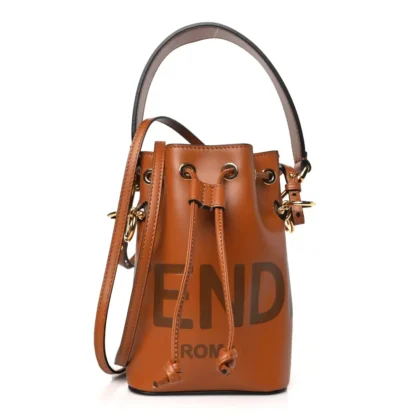 FENDI MINI F IS FENDI LOGO EMBOSSED MON TRESOR BUCKET BAG CUOIO KING VITELLO LEATHER GOLD HARDWARE