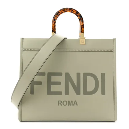 FENDI MEDIUM LOGO EMBOSSED SUNSHINE SHOPPER TOTE GREEN TEA KING VITELLO LEATHER & PLEXIGLASS GOLD HARDWARE