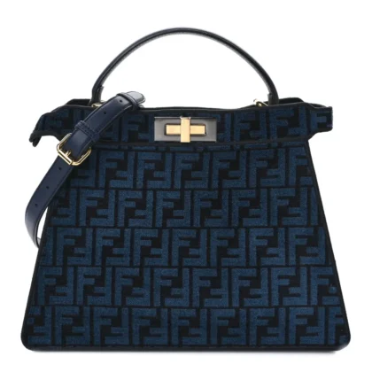 FENDI MEDIUM FF PEEKABOO I SEE U SATCHEL BLUE/BLACK CHENILLE & VITELLO SETA LEATHER GOLD HARDWARE