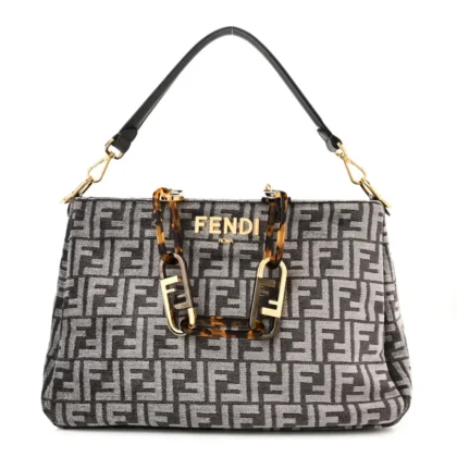 FENDI FF FENDI O??LOCK ZIPPER ANTHRACITE/ASFALTO CHENILLE, VITELLO SETA LEATHER, & PLEXIGLASS MIXED METAL HARDWARE