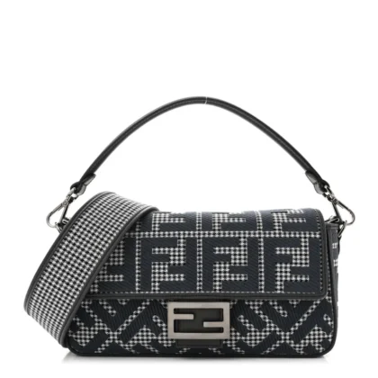 FENDI FF EMBROIDERED BAGUETTE GRIGIO / ANTHRACITE HOUNDSTOOTH WOOL & KING VITELLO LEATHER RUTHENIUM HARDWARE