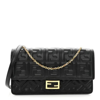 FENDI FF EMBOSSED WALLET ON CHAIN (WOC) BLACK MATISSE NAPPA LEATHER LIGHT GOLD HARDWARE
