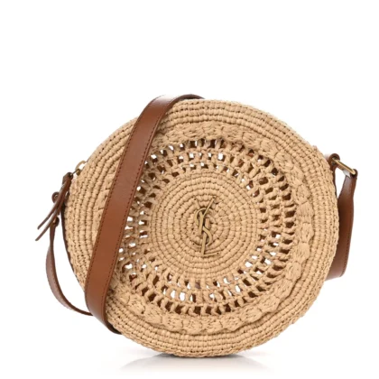 SAINT LAURENT SMALL SAC ROUND BAG NATURAL RAFFIA AGED GOLD HARDWARE