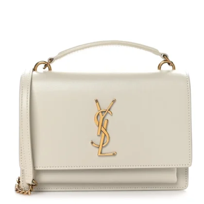 SAINT LAURENT SMALL SUNSET CHAIN WALLET CREMA SOFT MONOGRAM CALFSKIN LEATHER GOLD HARDWARE
