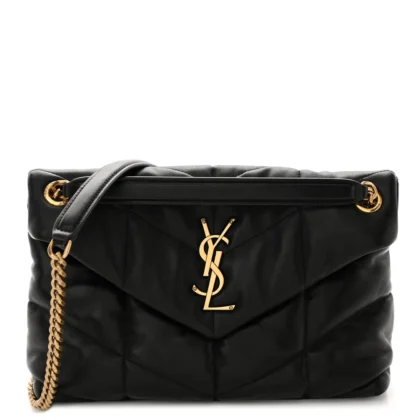 SAINT LAURENT SMALL LOULOU CHAIN SATCHEL BLACK QUILTED PUFFER MONOGRAM LAMBSKIN LEATHER GOLD HARDWARE