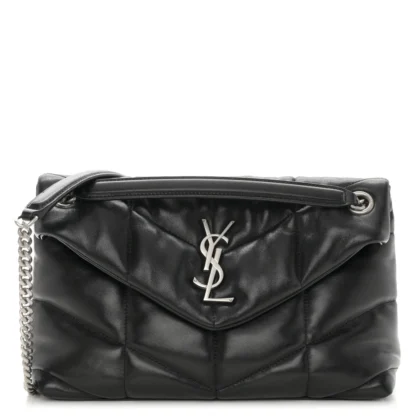 SAINT LAURENT SMALL LOULOU CHAIN SATCHEL BLACK QUILTED PUFFER MONOGRAM LAMBSKIN LEATHER SILVER HARDWARE
