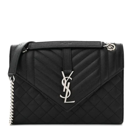 SAINT LAURENT MEDIUM SATCHEL BLACK TRIQUILT MONOGRAM GRAIN DE POUDRE TEXTURED MIXED MATELASSE LEATHER SILVER HARDWARE