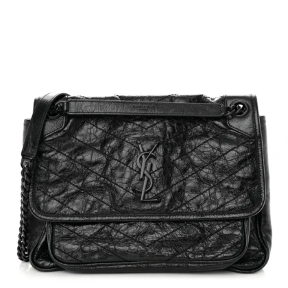 SAINT LAURENT MEDIUM NIKI CHAIN SATCHEL BLACK CRINKLED MONOGRAM CALFSKIN MATELASSE LEATHER BLACK HARDWARE
