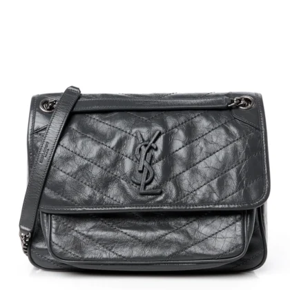 SAINT LAURENT MEDIUM NIKI CHAIN SATCHEL STORM CRINKLED MONOGRAM CALFSKIN MATELASSE LEATHER