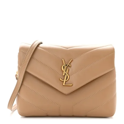 SAINT LAURENT MINI LOULOU CROSSBODY BAG LATTE Y-QUILTED MONOGRAM CALFSKIN LEATHER GOLD HARDWARE