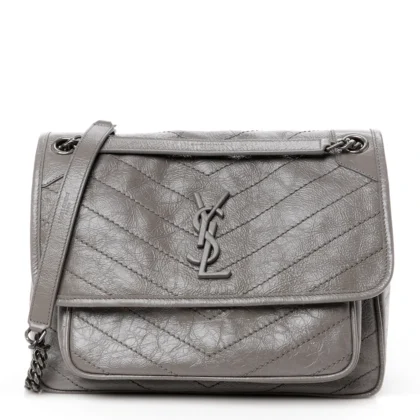 SAINT LAURENT MEDIUM NIKI CHAIN SATCHEL FOG CRINKLED MONOGRAM CALFSKIN MATELASSE LEATHER RUTHENIUM HARDWARE