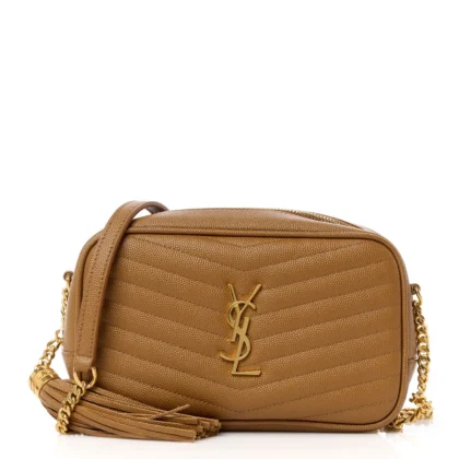 SAINT LAURENT MINI LOU CAMERA BAG DARK NATURAL MONOGRAM GRAIN DE POUDRE MATELASSE LEATHER GOLD HARDWARE