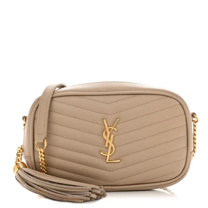 SAINT LAURENT MINI LOU CAMERA BAG DARK BEIGE MONOGRAM GRAIN DE POUDRE MATELASSE LEATHER GOLD HARDWARE