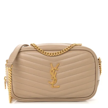 SAINT LAURENT MINI LOU CAMERA BAG DARK BEIGE MONOGRAM GRAIN DE POUDRE MATELASSE LEATHER GOLD HARDWARE