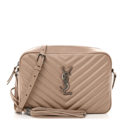 SAINT LAURENT MEDIUM LOU CAMERA BAG DARK BEIGE MONOGRAM CALFSKIN MATELASSE LEATHER RUTHENIUM HARDWARE