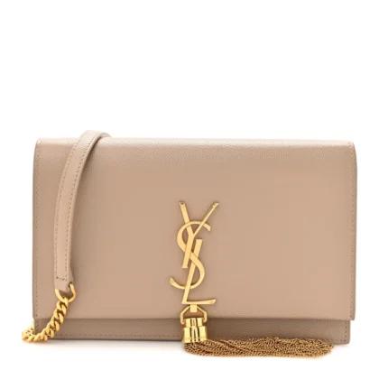SAINT LAURENT SMALL KATE TASSEL CHAIN WALLET DARK BEIGE CLASSIC MONOGRAM GRAIN DE POUDRE LEATHER GOLD HARDWARE