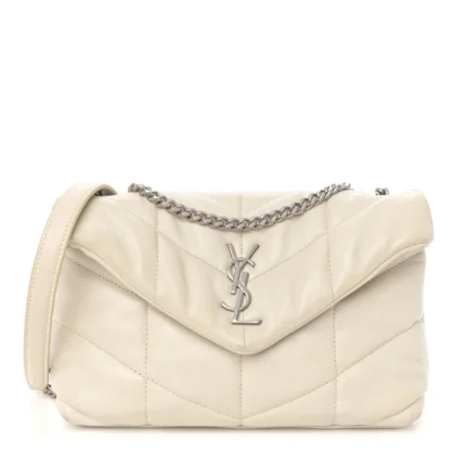 SAINT LAURENT MINI LOULOU CHAIN SATCHEL CREMA SOFT QUILTED PUFFER MONOGRAM LAMBSKIN LEATHER SILVER HARDWARE