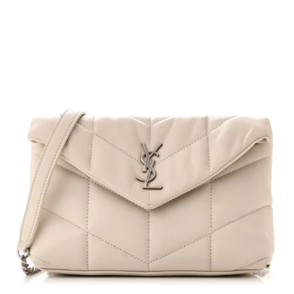 SAINT LAURENT MINI LOULOU CHAIN SATCHEL CREMA SOFT QUILTED PUFFER MONOGRAM LAMBSKIN LEATHER AGED GOLD HARDWARE