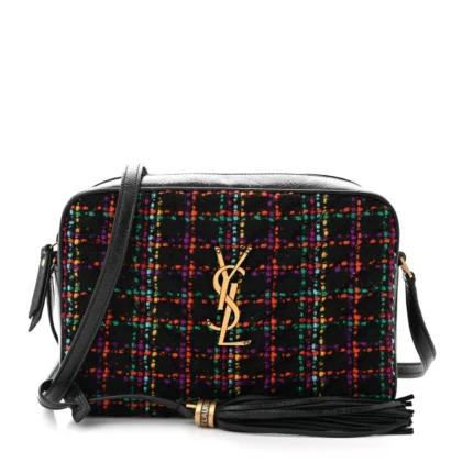 SAINT LAURENT MEDIUM LOU CAMERA BAG BLACK MONOGRAM TWEED & CALFSKIN LEATHER BRASS HARDWARE