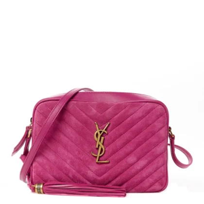 SAINT LAURENT MEDIUM LOU CAMERA BAG ROSE MONOGRAM SUEDE MATELASSE LEATHER AGED GOLD HARDWARE