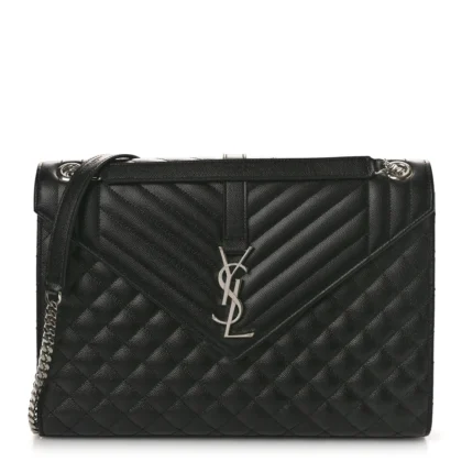 SAINT LAURENT LARGE SATCHEL BLACK TRIQUILT MONOGRAM GRAIN DE POUDRE TEXTURED MIXED MATELASSE LEATHER SILVER HARDWARE