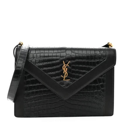 SAINT LAURENT MEDIUM GABY SATCHEL BLACK EMBOSSED CALFSKIN & CROCODILE LEATHER AGED GOLD HARDWARE