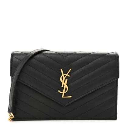 SAINT LAURENT ENVELOPE CHAIN WALLET BLACK CHEVRON MONOGRAM GRAIN DE POUDRE MATELASSE LEATHER GOLD HARDWARE