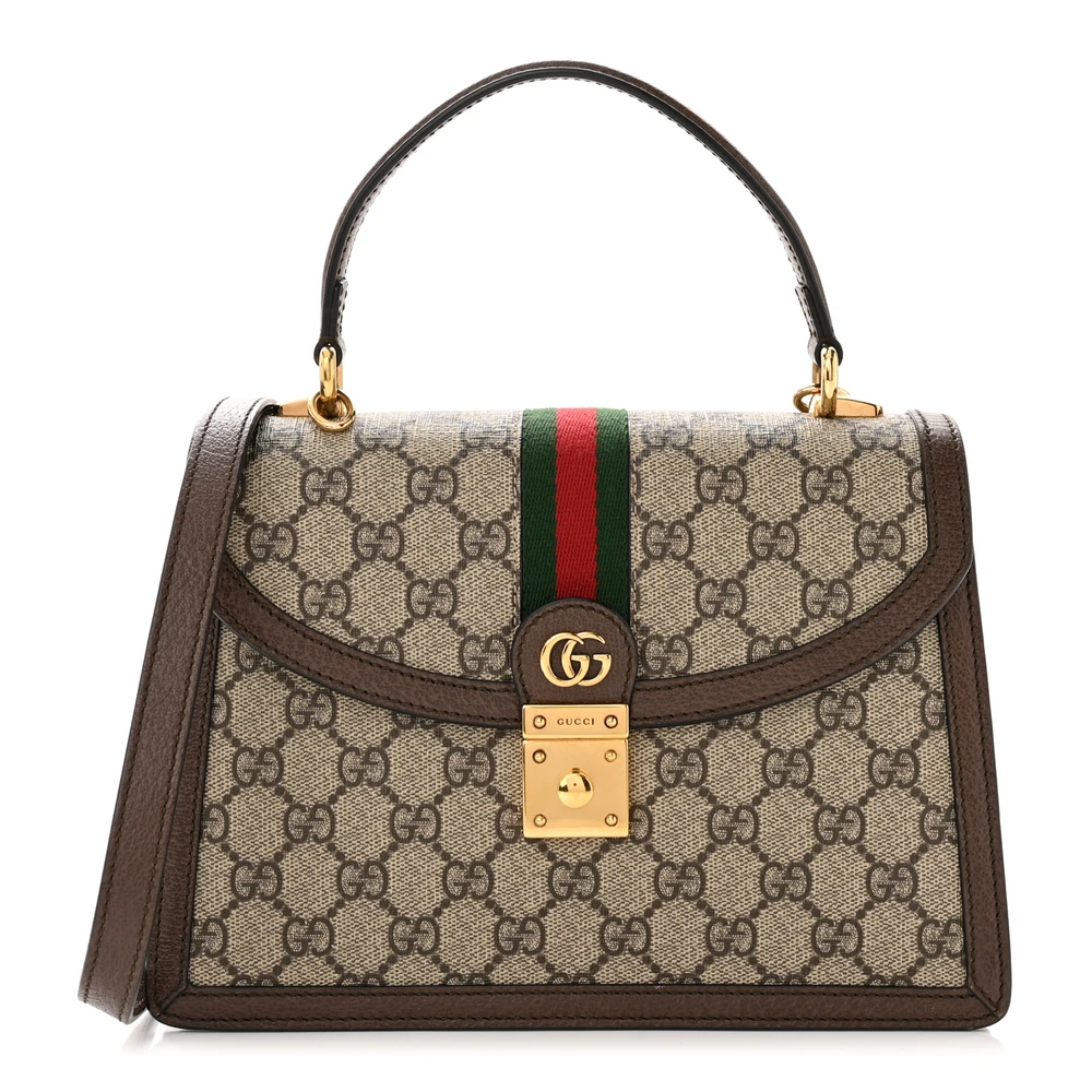 GUCCI SMALL WEB OPHIDIA PADLOCK TOP HANDLE BAG BEIGE / EBONY / NEW ACERO GG SUPREME MONOGRAM CANVAS & TEXTURED DOLLAR CALFSKIN LEATHER AGED GOLD HARDWARE
