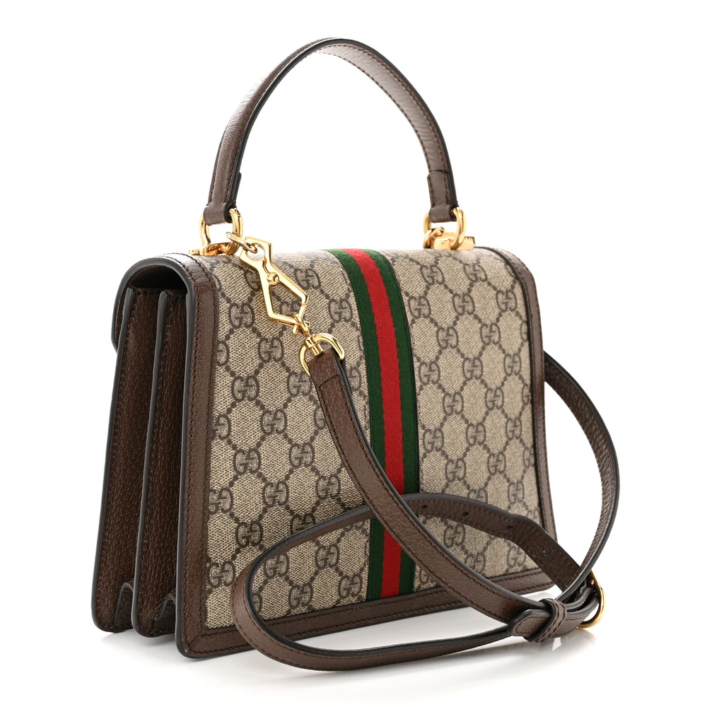 GUCCI SMALL WEB OPHIDIA PADLOCK TOP HANDLE BAG BEIGE / EBONY / NEW ACERO GG SUPREME MONOGRAM CANVAS & TEXTURED DOLLAR CALFSKIN LEATHER AGED GOLD HARDWARE - Image 3