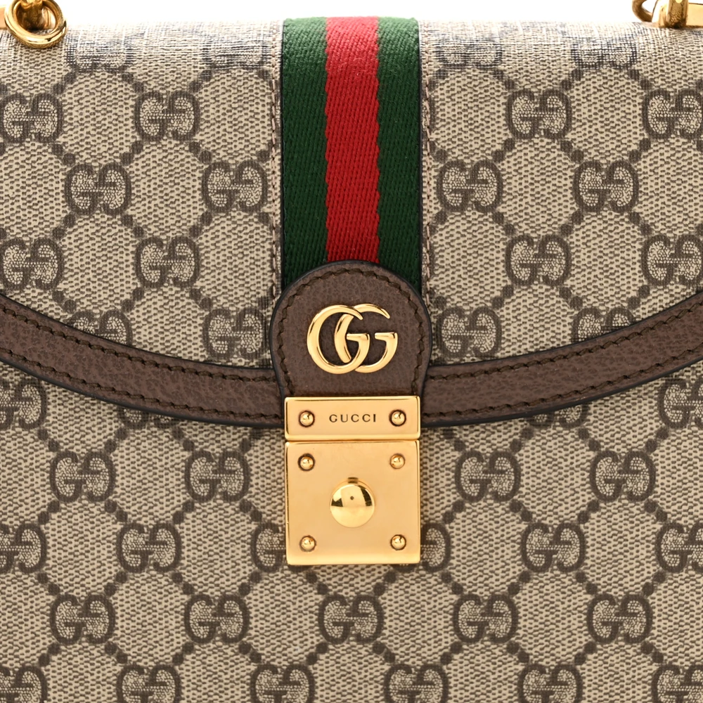 GUCCI SMALL WEB OPHIDIA PADLOCK TOP HANDLE BAG BEIGE / EBONY / NEW ACERO GG SUPREME MONOGRAM CANVAS & TEXTURED DOLLAR CALFSKIN LEATHER AGED GOLD HARDWARE - Image 7