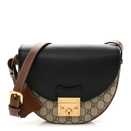 GUCCI SMALL PADLOCK MESSENGER SHOULDER BAG BEIGE/BLACK GG SUPREME MONOGRAM CANVAS & CALFSKIN LEATHER GOLD HARDWARE