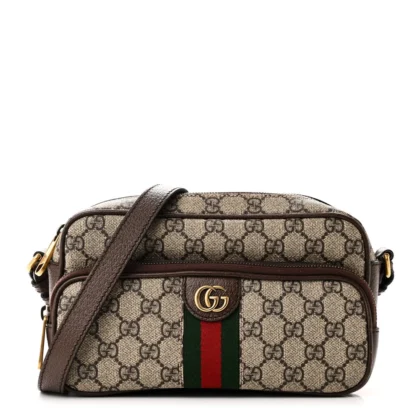 GUCCI SMALL WEB OPHIDIA MESSENGER BAG BEIGE / EBONY / NEW ACERO GG SUPREME MONOGRAM CANVAS & CALFSKIN LEATHER GOLD HARDWARE