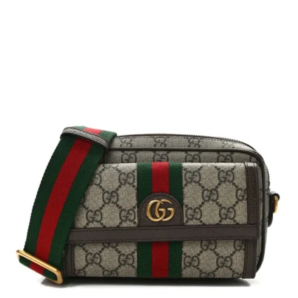 GUCCI MINI WEB OPHIDIA BAG BEIGE/EBONY GG SUPREME MONOGRAM CANVAS GOLD HARDWARE