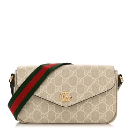 GUCCI MINI WEB OPHIDIA ENVELOPE SHOULDER BAG BEIGE / MYSTIC WHITE / OATMEAL GG SUPREME MONOGRAM CANVAS & TEXTURED DOLLAR CALFSKIN LEATHER GOLD HARDWARE
