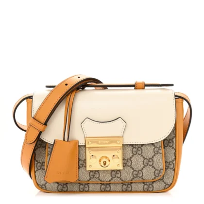 GUCCI MINI PADLOCK FLAP POCKET SHOULDER BAG BEIGE / MYSTIC WHITE / SUN OIL GG SUPREME MONOGRAM CANVAS GOLD HARDWARE