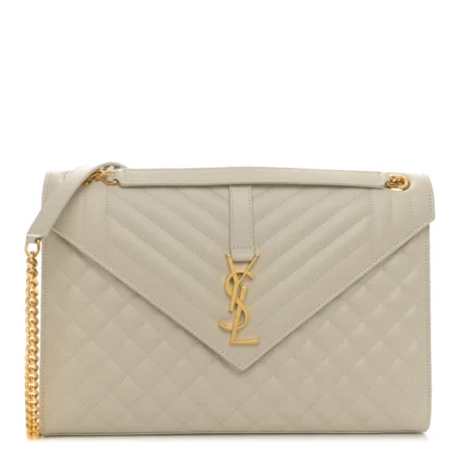 SAINT LAURENT LARGE SATCHEL CREMA SOFT TRIQUILT MONOGRAM GRAIN DE POUDRE TEXTURED MIXED MATELASSE LEATHER SILVER HARDWARE