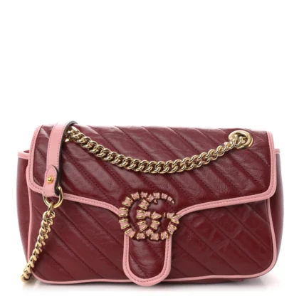 GUCCI SMALL DIAGONAL TORCHON GG MARMONT SHOULDER BAG NEW CHERRY RED / WILD ROSE AZALEA ENAMEL CALFSKIN MATELASS?? LEATHER GOLD HARDWARE